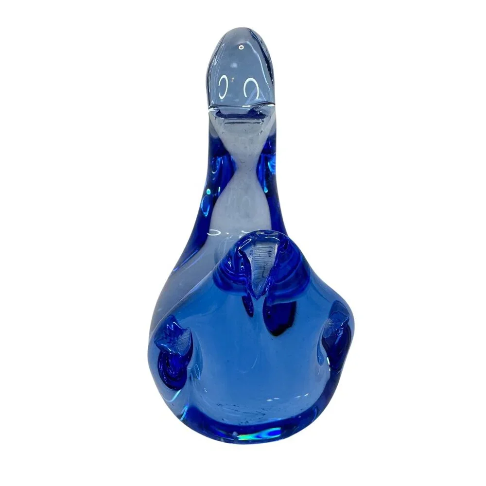 Swan Figurine Paperweight Hand Blown Art Glass Vintage Cobalt Blue 3 X 3.5 Decor